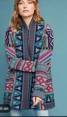 Anthropologie 8 Aldomartins Intarsia Kimono Sweater wool alpaca Jacket geometric
